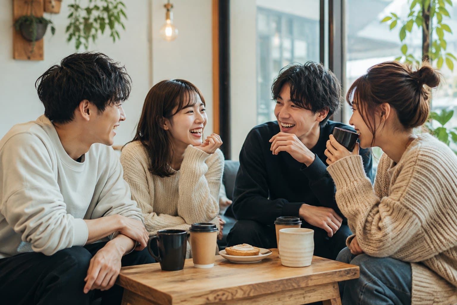 カフェで肩の力を抜いて話している男女