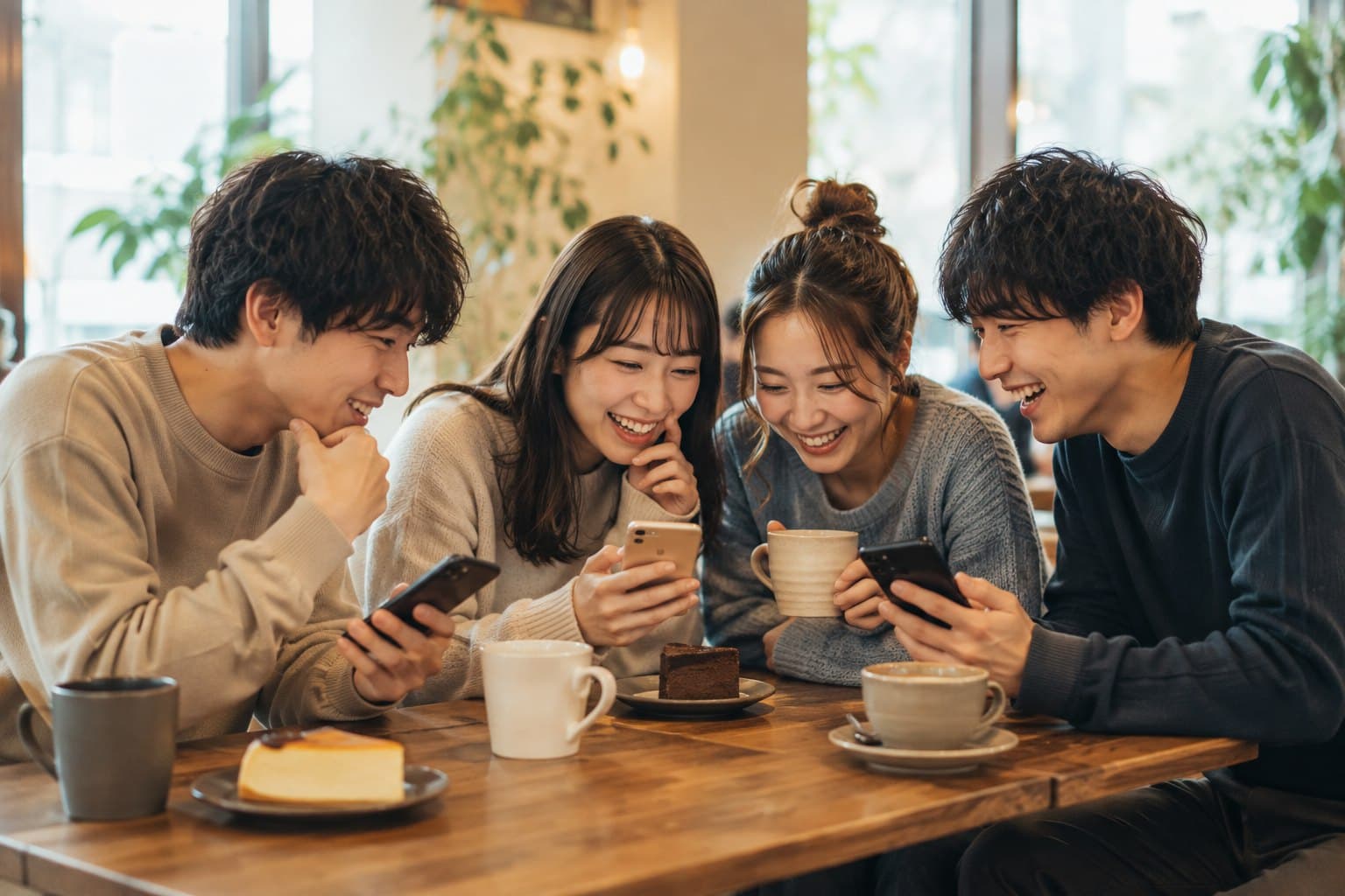 スマホを見ながら笑い合う男女